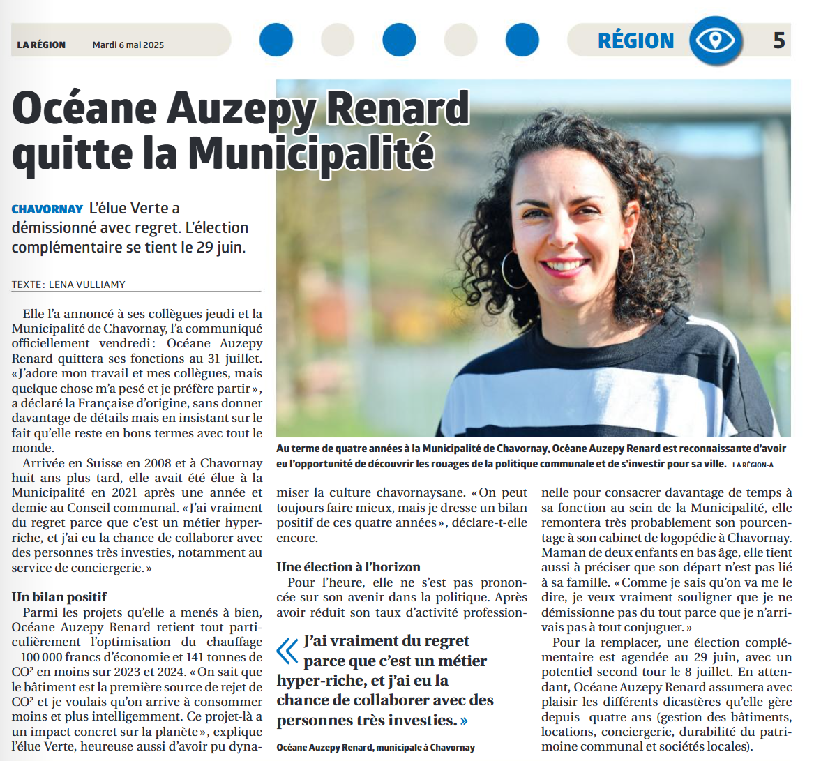 article La Région, Océane Auzepy Renard démission de la municipalité de Chavornay